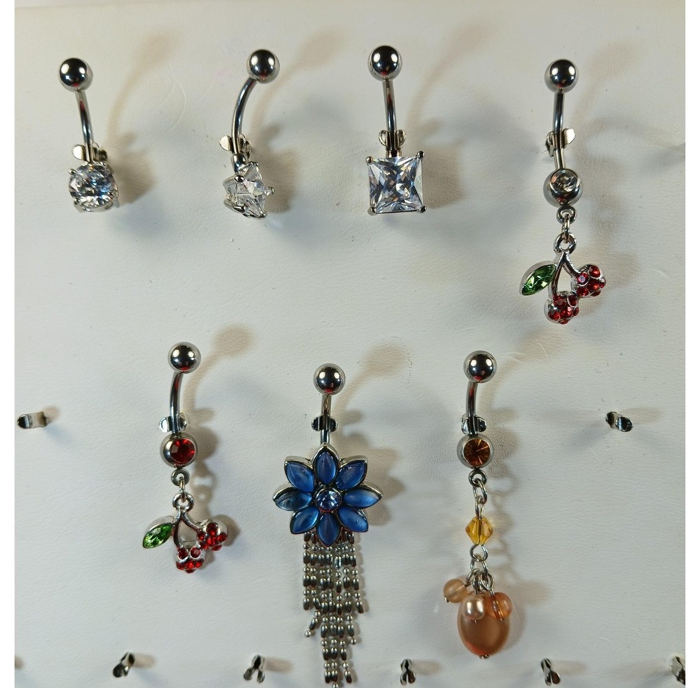 Vintage 90s Belly Button Rings 316L Surgical Steel 14G Cherry Flower CZ 7pc Set - Picture 14 of 17